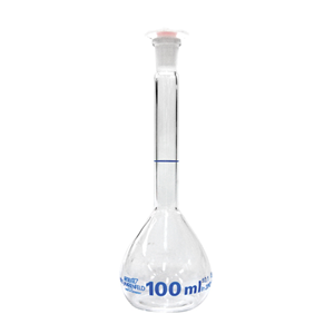 VOLUMETRIC FLASK 100ML SJ 14/23 CLASS A W/PLAST STPR BORO EA