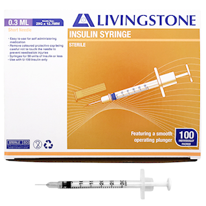 LIVINGSTONE INSULIN SYRINGE 0.3ML W/NEEDLE 29GX12.7MM 100/BX