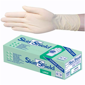 Skin Shield Latex Examination Gloves Long Cuff Powder Free