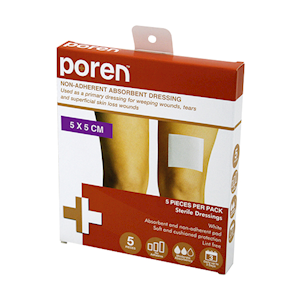 POREN NON-ADHERENT ABSORBENT DRESSING 5X5CM STERILE 5/PACK